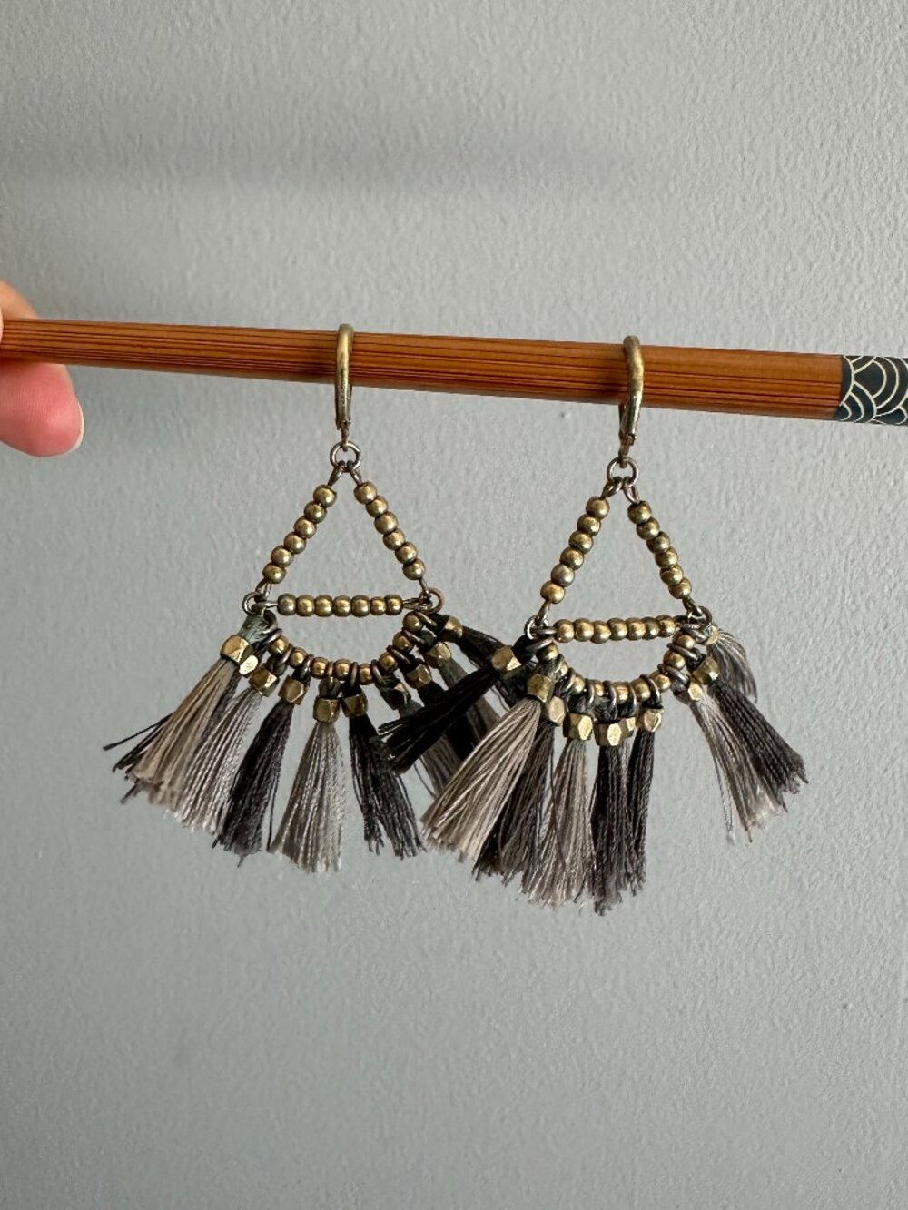 Grey Tassel Earrings with Beaded Triangle Design